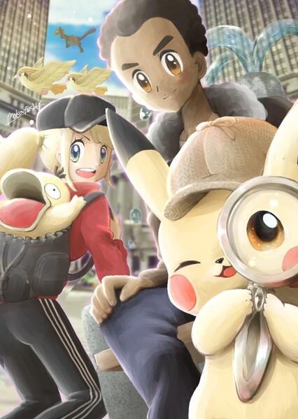 Detective Pikachu, Tim Goodman, Lucy Stevens and Psyduck (Lucy's)