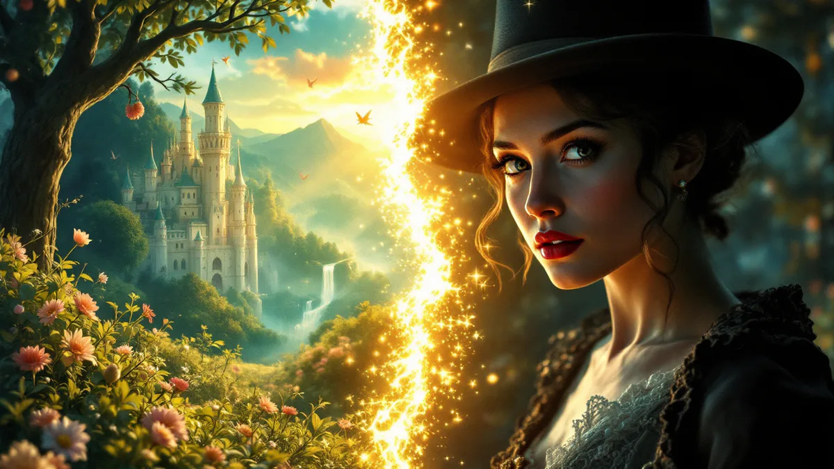 A cinematic split-screen vision of animated magic transforming into live-action reality, capturing the essence of classic Disney storytelling reimagined for modern cinema.