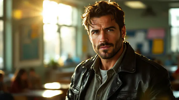A charismatic, unconventional teacher in casual leather jacket stands in a high school classroom, radiating charm and defiance against institutional expectations.