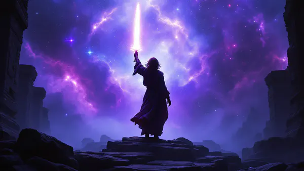 A robed Force-user stands in dramatic silhouette, wielding a glowing energy blade amid cosmic nebulae and ancient stone architecture.