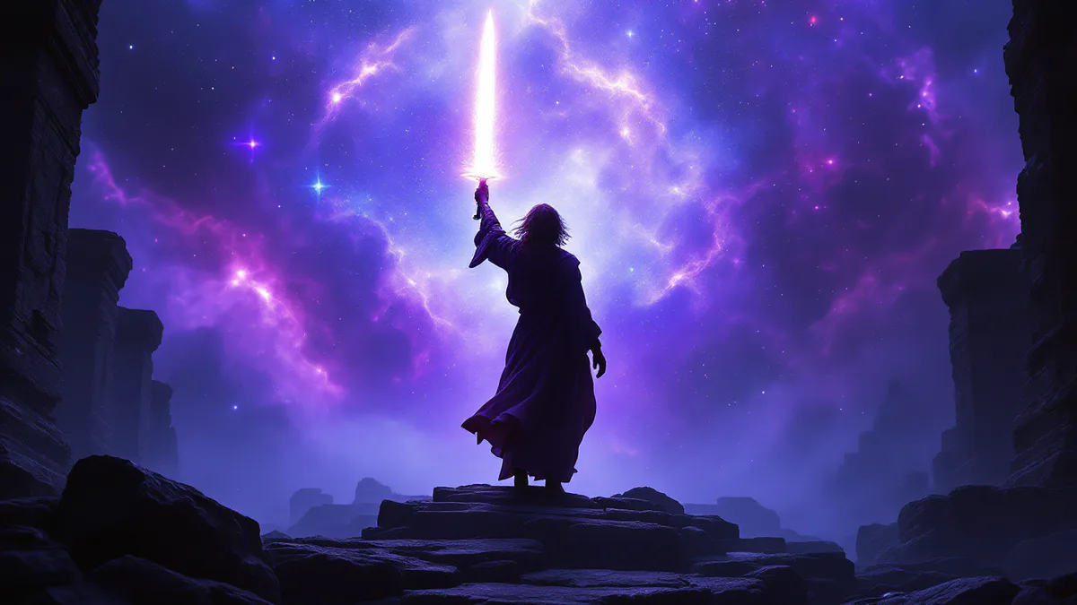 A robed Force-user stands in dramatic silhouette, wielding a glowing energy blade amid cosmic nebulae and ancient stone architecture.