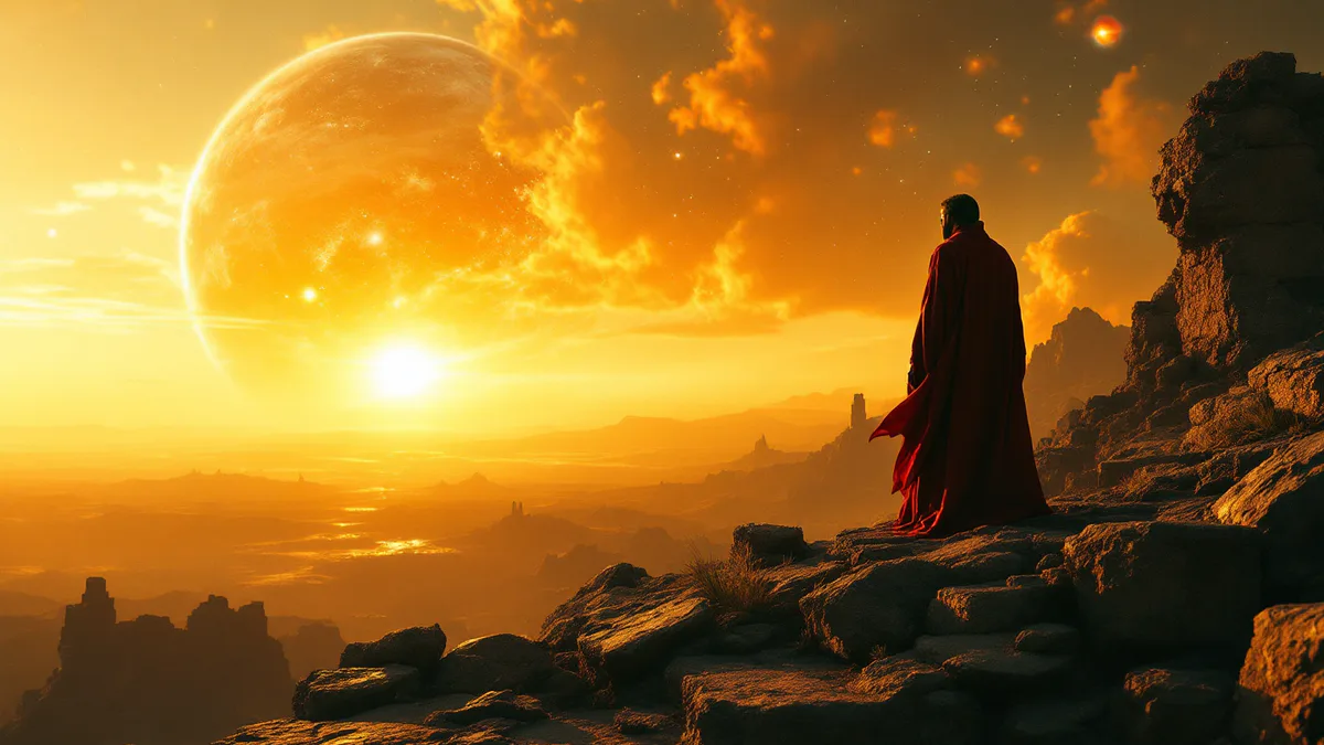 A robed Force user stands amid ancient ruins at golden hour, gazing toward a distant glowing horizon, embodying the mystical legacy of a space-fantasy saga.