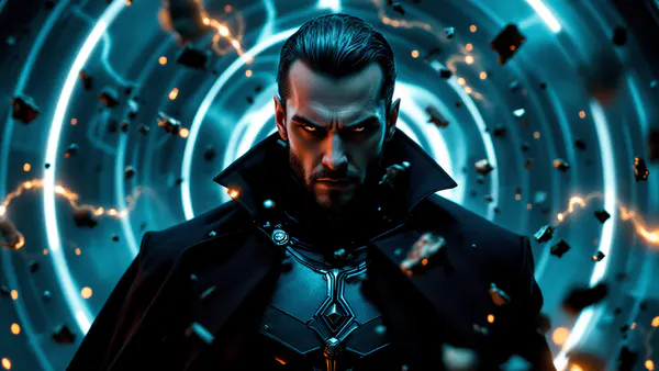 A commanding figure in sleek dark armor with magnetic energy swirling around them, embodying a morally complex villain archetype.