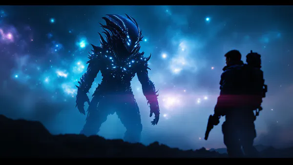 A menacing extraterrestrial antagonist emerges from cosmic darkness, facing off against a determined human hero in a high-stakes sci-fi showdown.