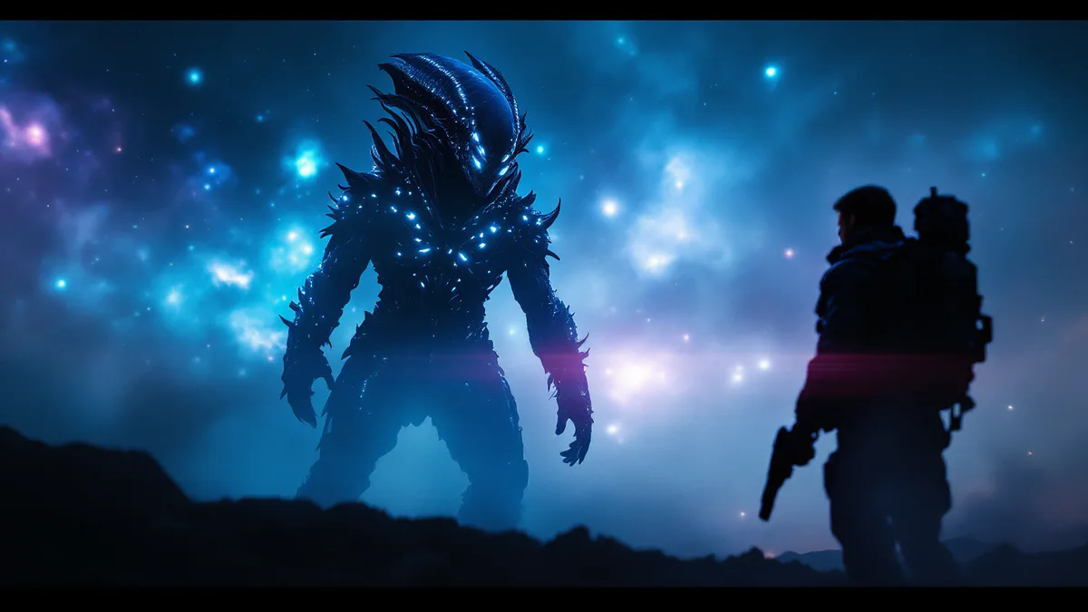 A menacing extraterrestrial antagonist emerges from cosmic darkness, facing off against a determined human hero in a high-stakes sci-fi showdown.