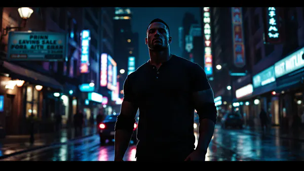 A towering, imposing figure in a dimly-lit urban setting, embodying the archetype of a hardboiled detective with raw, weathered intensity.