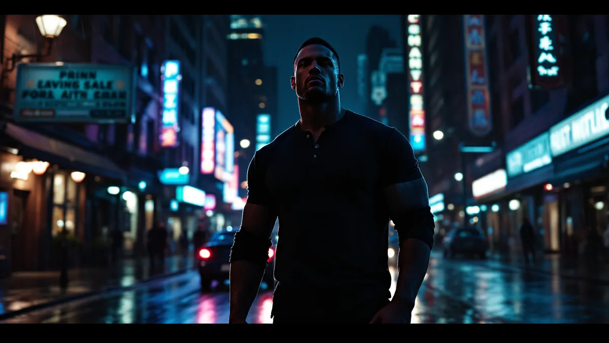 A towering, imposing figure in a dimly-lit urban setting, embodying the archetype of a hardboiled detective with raw, weathered intensity.