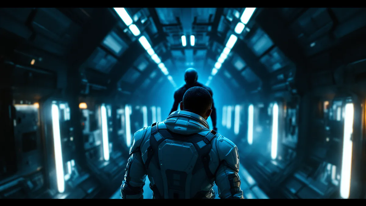 A lone figure in a sleek spacesuit faces an ominous silhouette in the shadows of a claustrophobic spacecraft corridor.