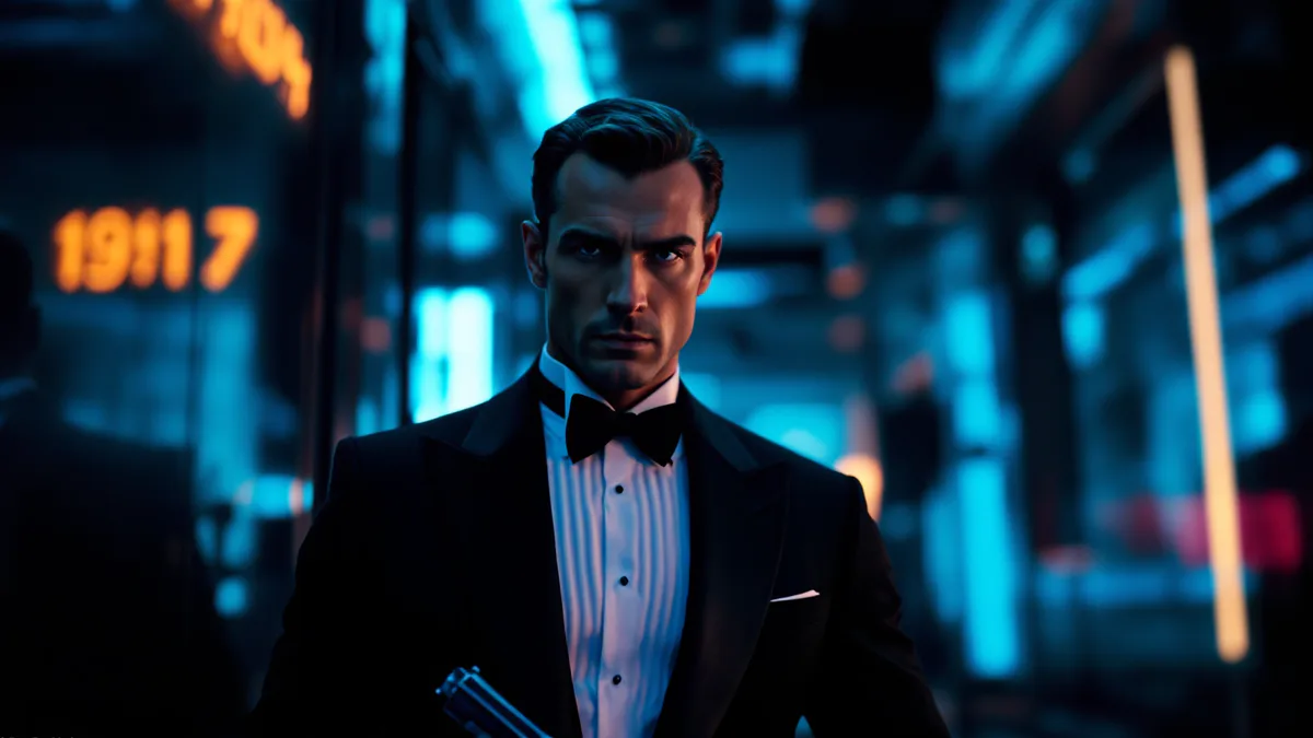 A sophisticated spy in formal evening wear emerges from shadow and neon, embodying timeless espionage intrigue.