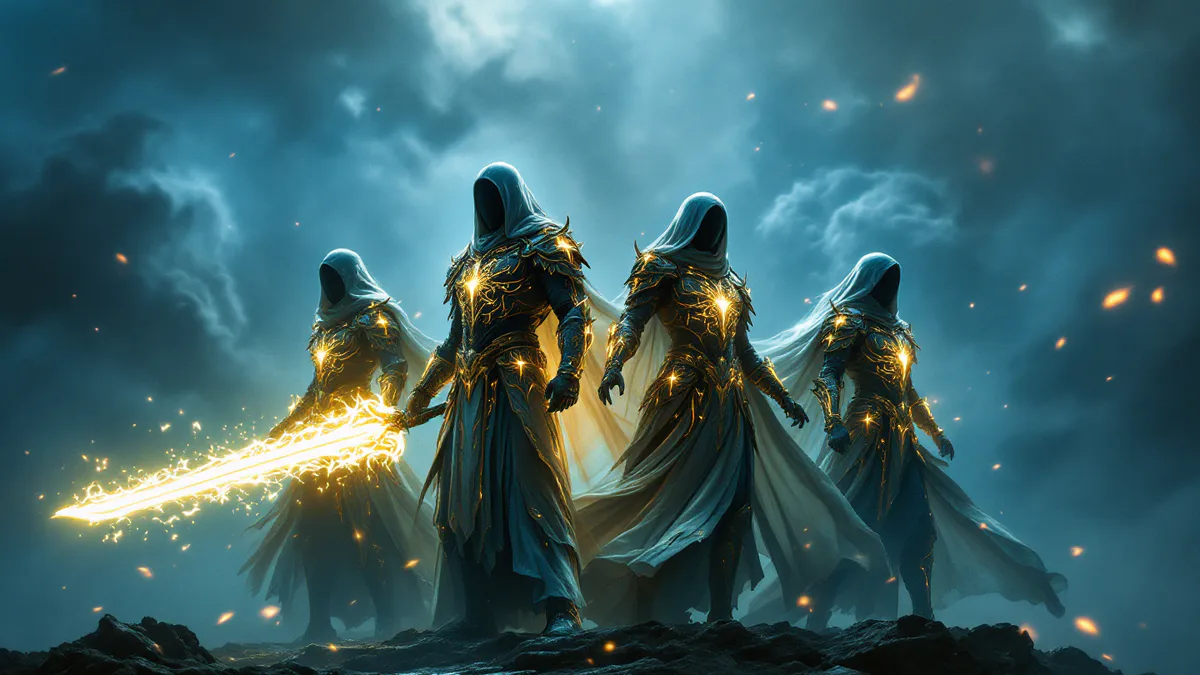 A heroic ensemble of fantasy warriors in glowing magical armor, standing united against a storm-filled sky, embodying the epic scope of an epic-fantasy adaptation.