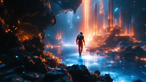 An underwater explorer in bioluminescent armor descends toward a glowing ancient city beneath the ocean, surrounded by ethereal light and mysterious architecture.