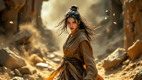 A powerful young woman earthbender in flowing robes, surrounded by swirling stone and dust, eyes glowing with spiritual energy in a live-action fantasy setting.