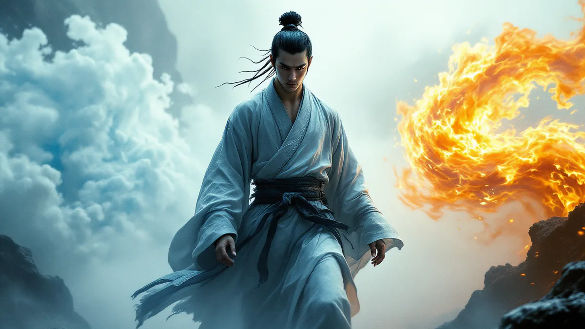 A young warrior in flowing Eastern-inspired robes stands at a crossroads between two glowing elemental forces, embodying the tension between fan expectations and creative choices.