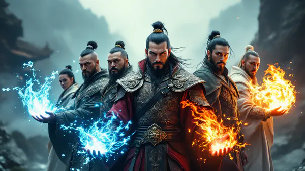 A diverse ensemble of warriors and benders in Eastern-inspired armor, posed dramatically against a mystical landscape of elemental magic.
