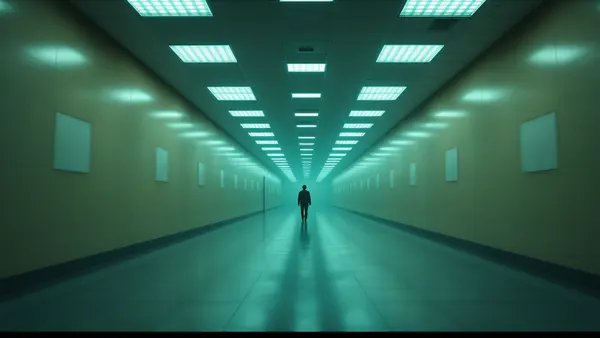 A figure stands alone in a liminal, unsettling corridor of fluorescent-lit institutional architecture, embodying the eerie isolation and existential dread of contemporary horror.