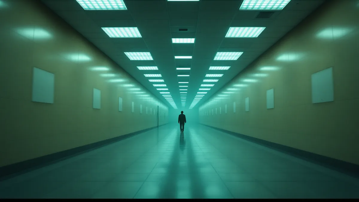 A figure stands alone in a liminal, unsettling corridor of fluorescent-lit institutional architecture, embodying the eerie isolation and existential dread of contemporary horror.
