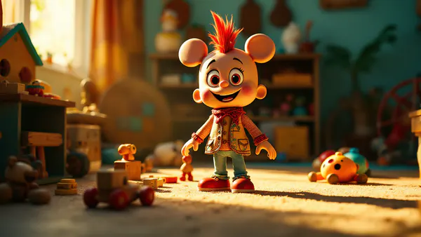 A vibrant toy character in a playroom setting, surrounded by colorful props and casting spotlight, embodying Latin music energy and charisma.