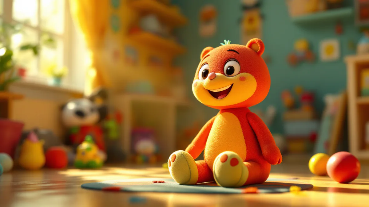 A vibrant toy character in a colorful playroom setting, bathed in warm studio lighting, suggesting a voice-acting reveal moment.