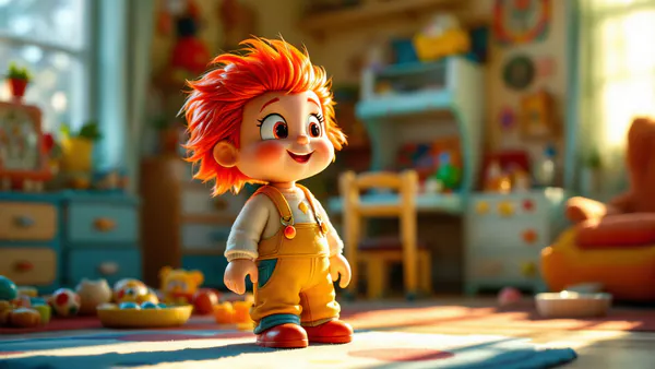 A vibrant, whimsical toy character in a playroom setting, bathed in warm golden light, embodying the colorful energy of a beloved animated franchise.