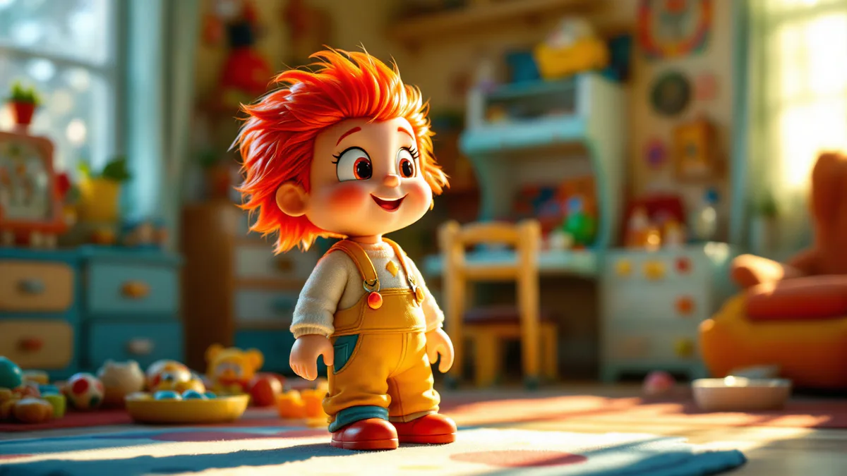 A vibrant, whimsical toy character in a playroom setting, bathed in warm golden light, embodying the colorful energy of a beloved animated franchise.