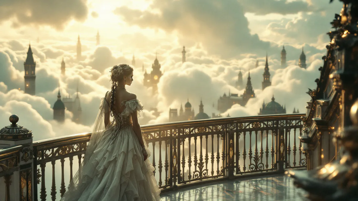 A mysterious woman in Victorian-era dress stands in a floating city of brass and glass, gazing toward an impossible sky.