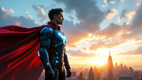 A young superhero in sleek blue armor stands ready alongside a towering caped figure in a bold primary-colored suit, set against a dramatic metropolitan skyline at golden hour.