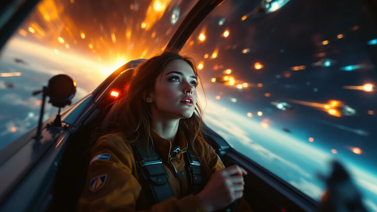 A determined young fighter pilot in a sleek cockpit, gazing upward through the canopy at an alien sky filled with enemy starships.