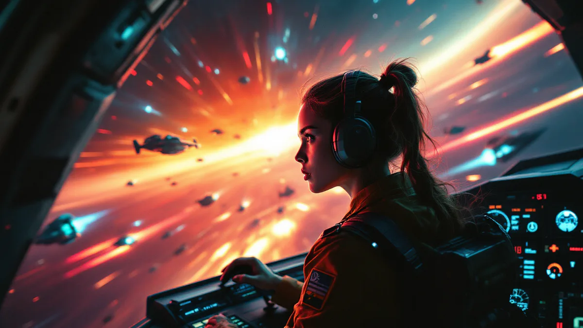 A young fighter pilot in a sleek futuristic cockpit, hands gripping control sticks, eyes fixed on an alien sky filled with enemy craft and neon contrails.