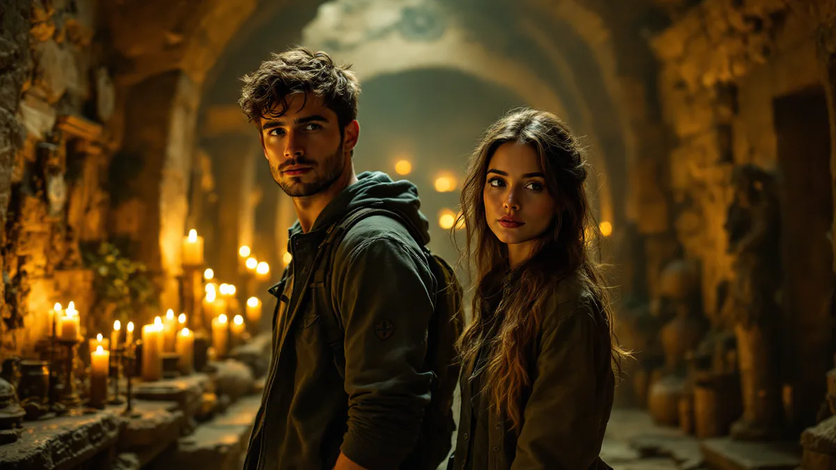 A sharp-witted male and female adventurer stand amid ancient mystery, ready for a globe-trotting quest.