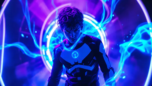 A young hero in a sleek black-and-white suit phases through a shimmering portal, caught between the human and supernatural worlds.