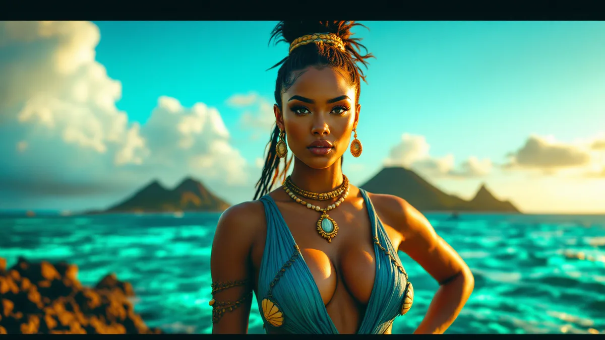 A confident Pacific Islander woman in ocean-inspired warrior attire stands against a luminous tropical seascape, embodying the spirit of a legendary navigator.