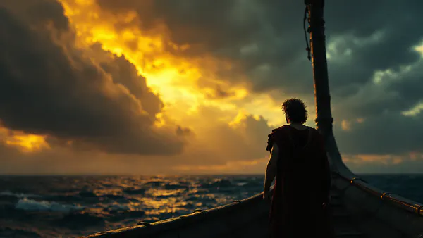 A solitary figure stands at the helm of an ancient vessel, gazing toward a distant, storm-lit horizon—evoking the scale and gravitas of an epic historical odyssey.