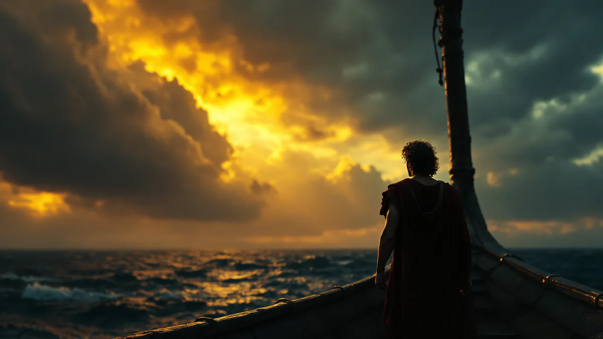 A solitary figure stands at the helm of an ancient vessel, gazing toward a distant, storm-lit horizon—evoking the scale and gravitas of an epic historical odyssey.