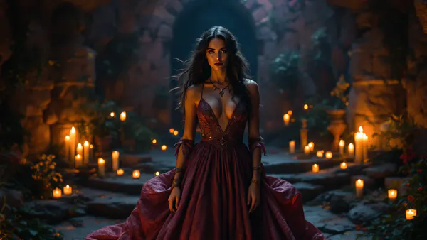 A powerful sorceress in her enchanted island sanctuary, surrounded by magical energy and mythological symbolism, poised for a prestige television adaptation.