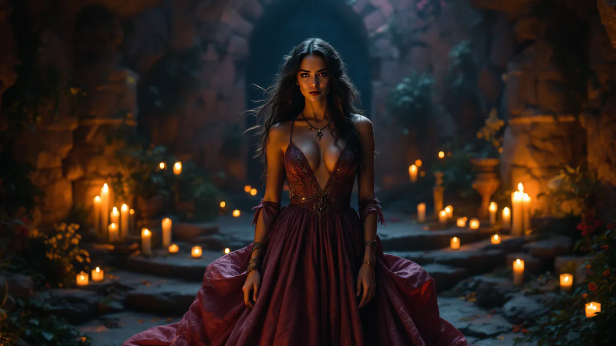 A powerful sorceress in her enchanted island sanctuary, surrounded by magical energy and mythological symbolism, poised for a prestige television adaptation.