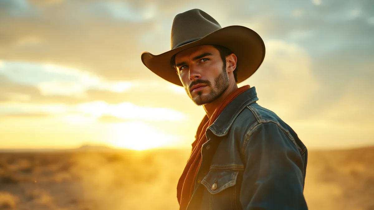 A rugged young man in Western attire stands against a dusty Colorado landscape at golden hour, embodying the gritty drama of a prestige streaming series.