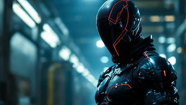 A lethal assassin in tactical black armor with precision-targeting accents, posed in a moment of calculated menace.