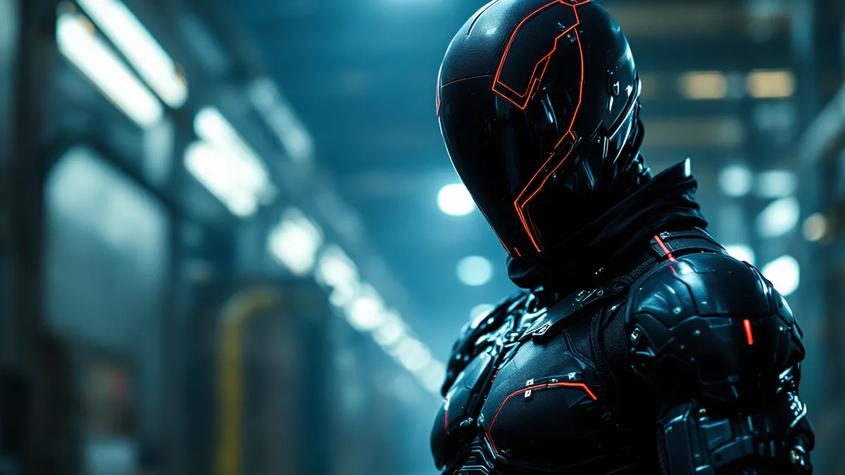 A lethal assassin in tactical black armor with precision-targeting accents, posed in a moment of calculated menace.