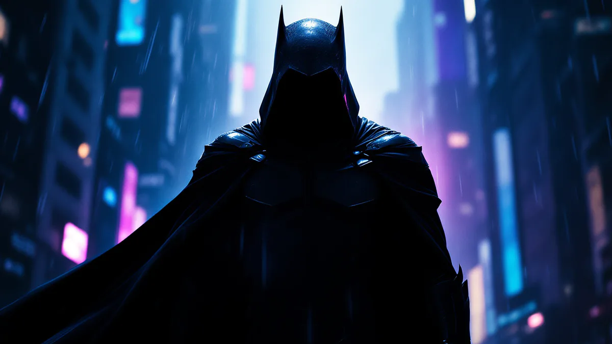 A brooding vigilante in armored tactical gear stands silhouetted against Gotham's neon-soaked skyline, cape billowing in shadow.