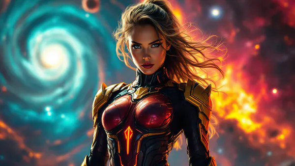 A powerful female superhero in a bold, modern costume stands confidently against a dynamic cosmic backdrop, embodying strength and heroism.