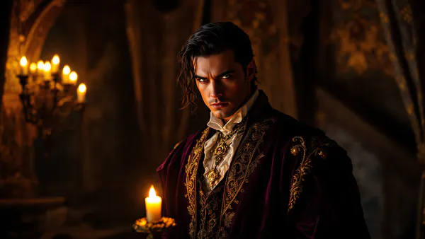 A mysterious, morally complex male figure in Renaissance-inspired costume stands in a dimly lit castle chamber, embodying the tension between charm and darkness.