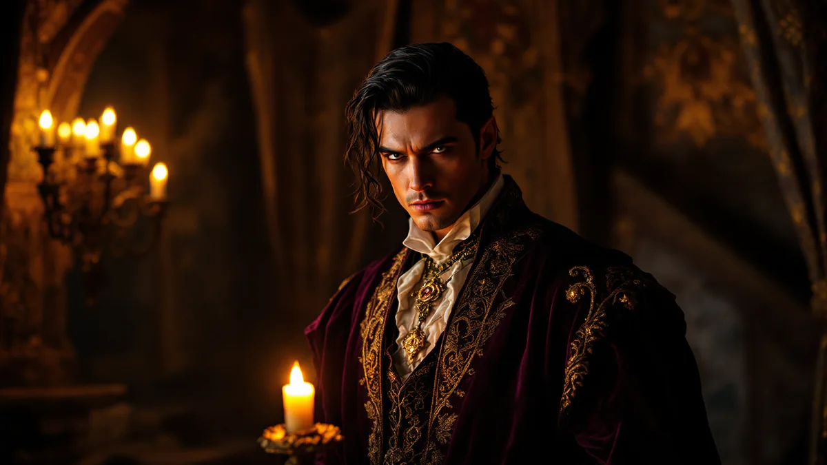 A mysterious, morally complex male figure in Renaissance-inspired costume stands in a dimly lit castle chamber, embodying the tension between charm and darkness.