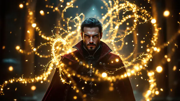 A charismatic male figure in Renaissance-inspired costume stands amid swirling golden hair and magical light, embodying mystery and possibility.