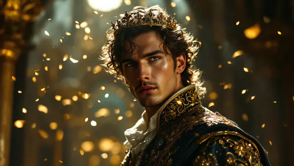 A charismatic male figure in royal Renaissance costume stands amid swirling golden light, embodying mystery and intrigue about an undisclosed role.