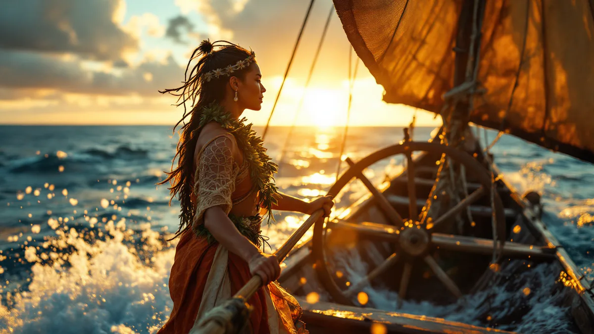 A powerful Polynesian wayfarer stands at the bow of an outrigger canoe, gazing toward a glowing horizon over vast ocean waters.