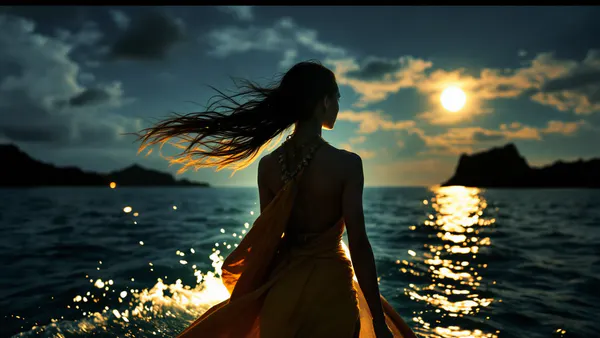 A powerful Polynesian-inspired warrior woman stands on a moonlit ocean, gazing toward a distant island, embodying courage and destiny.