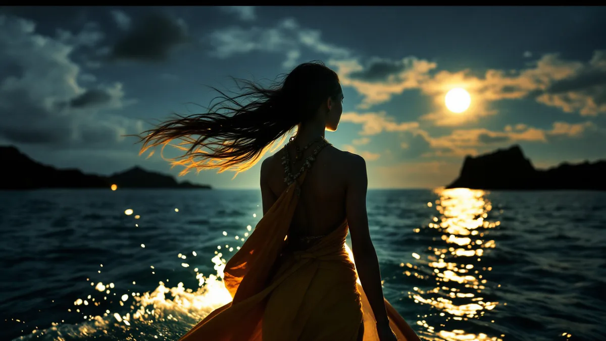 A powerful Polynesian-inspired warrior woman stands on a moonlit ocean, gazing toward a distant island, embodying courage and destiny.