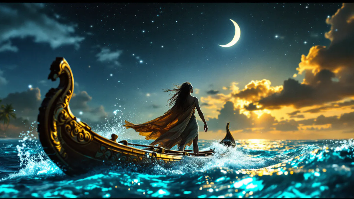 A bold, ocean-bound adventurer stands at the bow of a traditional outrigger canoe, gazing toward a mystical horizon where sea meets sky.