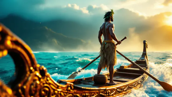 A bold, ocean-swept hero stands at the bow of a traditional outrigger canoe, gazing toward a mystical horizon where sea and sky merge in golden light.