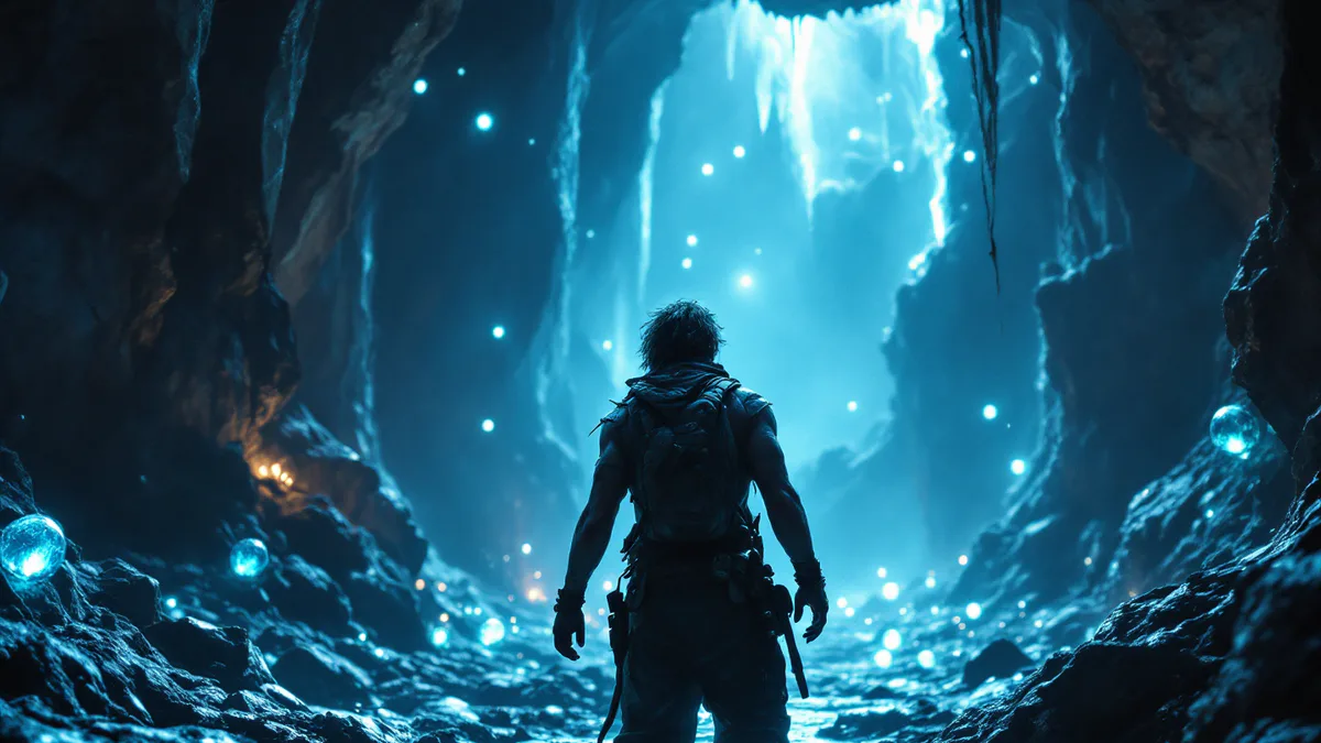 A grizzled adventurer stands at the threshold of a sprawling underground dungeon, surrounded by glowing magical artifacts and mysterious AI-like entities, ready for an epic quest.